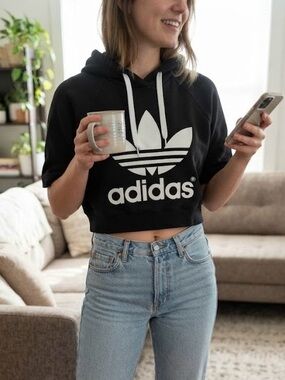 Adidas Originals Black Short Sleeve Crop Hoodie Trefoil Logo Sporty Chic XS